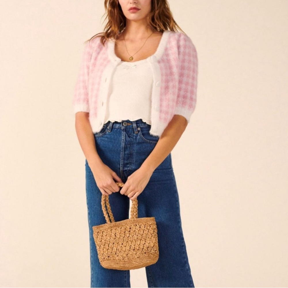 Rouje Pink Ronny Cardigan Plaid Coquette Sweater Soft Fuzzy Top SZ Small FR 36 - Picture 3 of 16